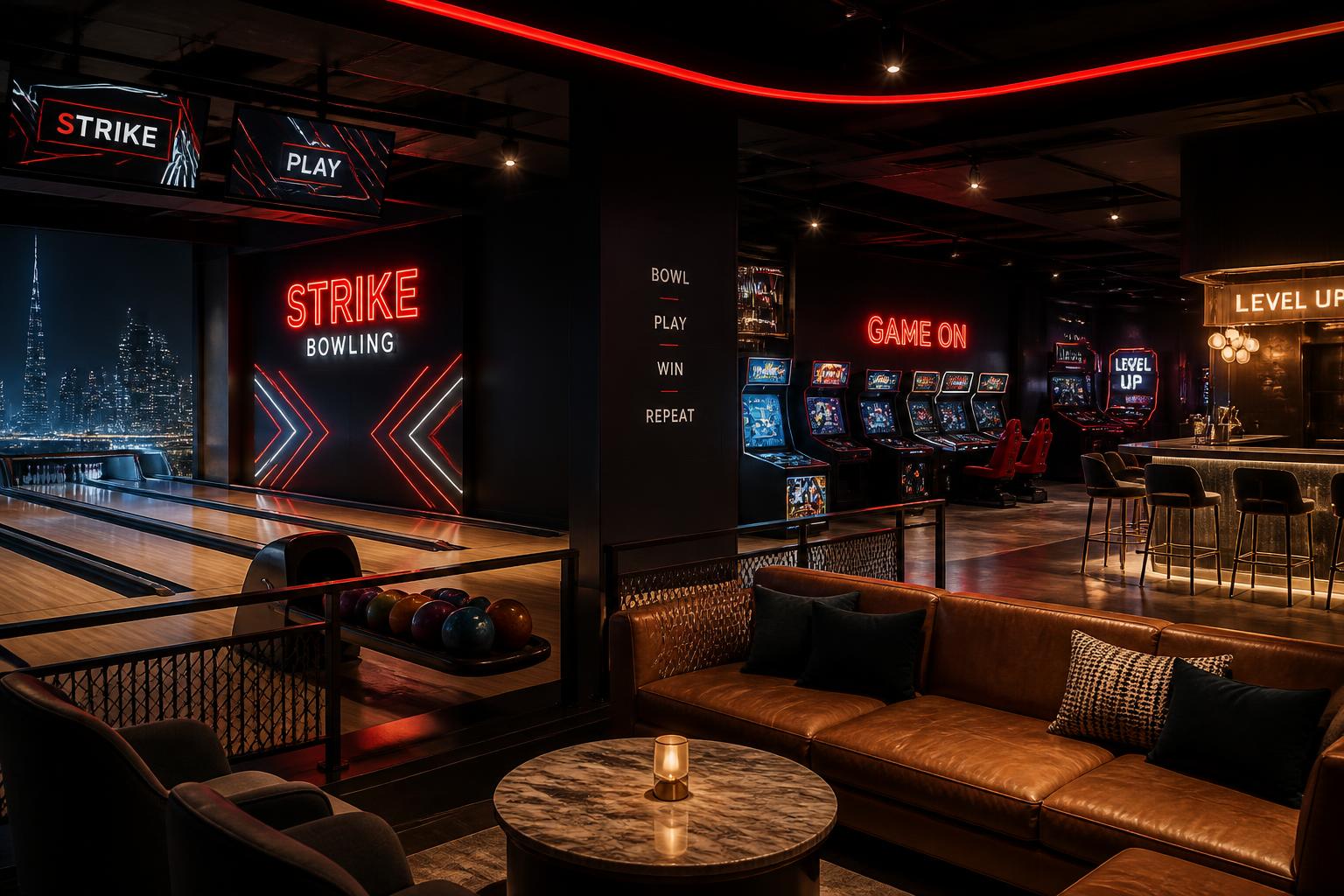 Modern out-of-home entertainment venue with bowling, arcade and lounge areas