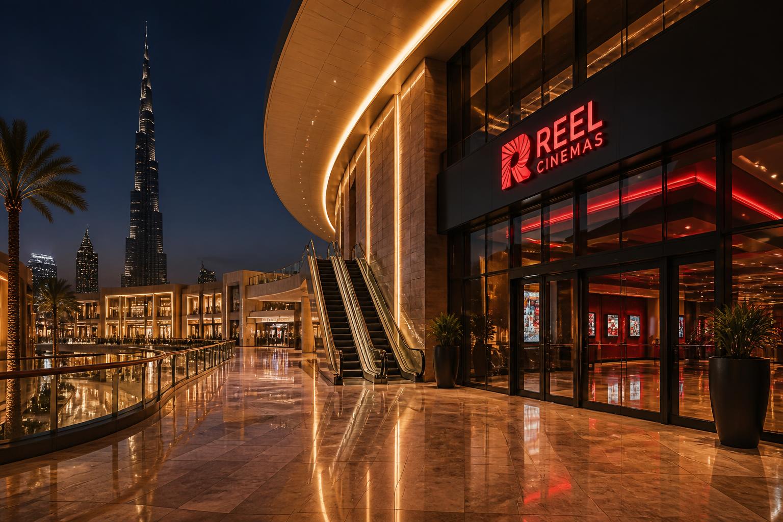 Dubai mall exterior at dusk with a cinema entrance and the Burj Khalifa in the background